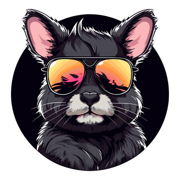 Vector portrait of a chinchilla with sunglasses in the form of a circle  on white background.  Logo silhouette
