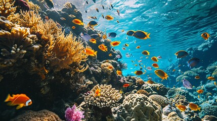 Naklejka na ściany i meble Underwater wildlife in a colorful marine ecosystem of a tropical ocean.