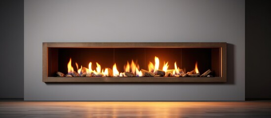 Burning fireplace, warm living room interior, front view. Modern cozy home, empty space. 3d render