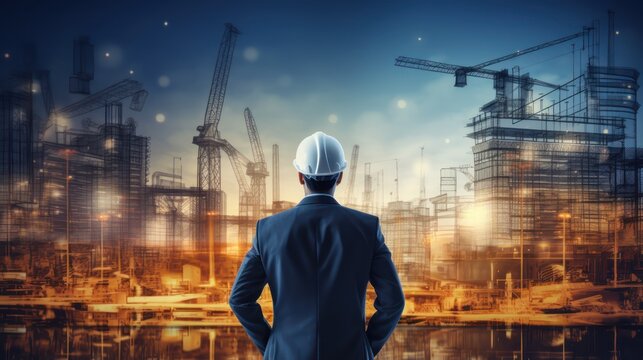 rear view of professional engineer manager standing concentrate focus multi exposure with building construction industry background construstion engineer concept