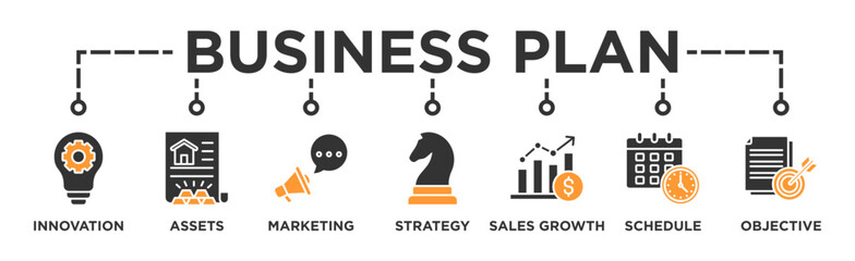 Business plan banner web icon vector illustration concept with icon of innovation, assets, marketing, strategy, sales growth, schedule, and objective