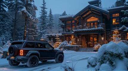 Luxury SUV Parked at Snowy Mountain Cabin Retreat at Dusk