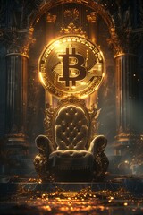 Regal Bitcoin Throne in Palace Setting Symbolizing Cryptocurrency Wealth and Power