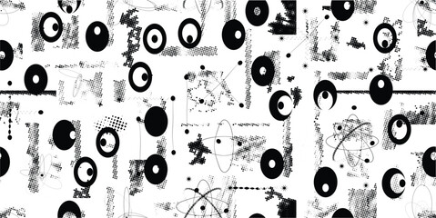 Glitch distorted grungy abstract forms . Halftone dots seamless pattern texture. Grange shapes .Grunge textured . Vector shapes with half tone dots .Screen print endless pattern texture