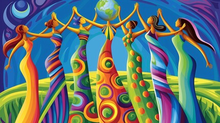 Vibrant Celebration of Unity with Women Dancing Around Earth Illustration