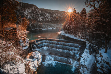 Lechfall Waterfall in Bavaria Germany in Winter with Snow - obrazy, fototapety, plakaty