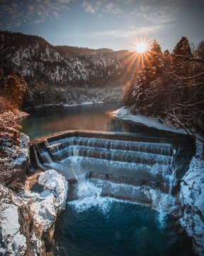 Lechfall Waterfall in Bavaria Germany in Winter with Snow