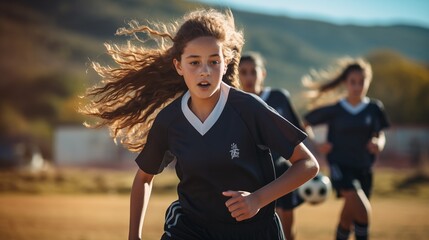 Fototapeta premium A girl playing soccer , girls playing football 