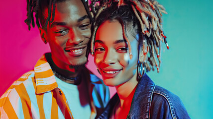 Radiant Diversity: A Smiling, Soft Multiethnic Alternative Couple Gazing at the Camera with Warmth and Affection