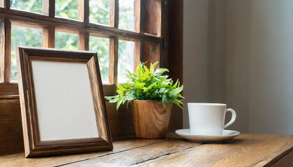 Frame mockup close up at home, workplace near window with empty wooden frame, 3d render