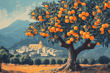orange tree and Mediterranean landscape