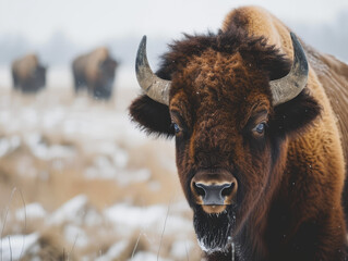 A closeup of a large brown bison in the frosty wild.