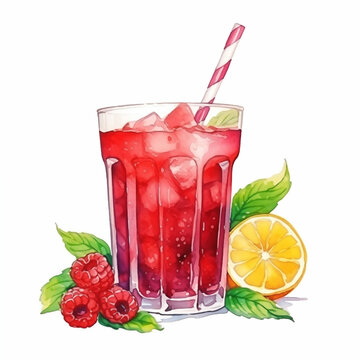 A glass of berry drink with raspberries. Hand drawn watercolor illustration isolated on white background. Summer berry drink smoothie with raspberries with ice. Summer drink.