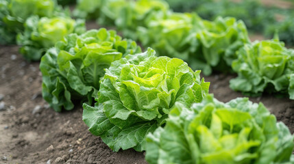 Beds with planted Iceberg lettuce. Growing lettuce on plantations. Healthy organic food. Sphere of agriculture, agriculture. Natural nutrition - obrazy, fototapety, plakaty