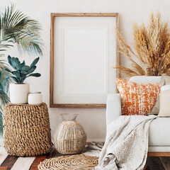 Frame mockup in living room interior background, Coastal boho style, 3D render