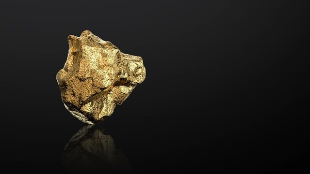 Gold nugget rotating on a dark background. Realistic animation of a rotating shiny precious gold nugget. Seamless animation.