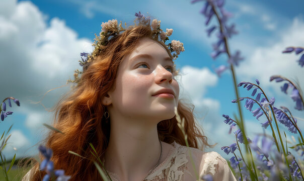 Portrait of beautiful girl in field with bluebell flowers, Generative AI