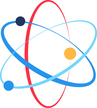 Atomic Structure. Spin and swirl in nucleus, abstract techno element for modern and retro technological design. Simple color vector pictogram isolated on white background