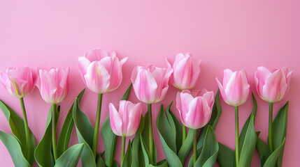 Fototapeta premium Spring flower composition with delicate pink tulips against a pastel pink background. Generative AI