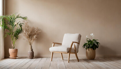 Interior of contemporary minimalist beige style with brown couch, wood floor, and plants. vacant wall mock-up in an illustration. great illustration