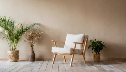 Interior of contemporary minimalist beige style with brown couch, wood floor, and plants. vacant...