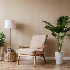 Papier Peint photo autocollant Mur chinois Interior of contemporary minimalist beige style with brown couch, wood floor, and plants. vacant wall mock-up in an illustration. great illustration