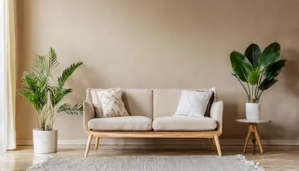 Photo sur Plexiglas Mur chinois Interior of contemporary minimalist beige style with brown couch, wood floor, and plants. vacant wall mock-up in an illustration. great illustration