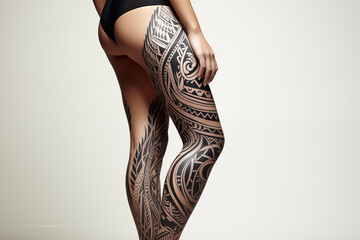 Black tribal tattoo on skin. Black tribal tattoo on legs. Women's tattoo, tribal. Tribal tattoo. Tattoo ideas for men. Tattoo parlor. Tattoo artist profession.​