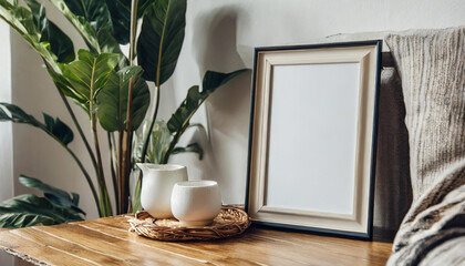 Modern cozy cottage interior with empty poster on wall, chairs, lamps and view and sunlight. Mock up,