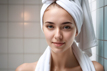 young attractive woman with a towel on her head after a shower, taking a bath, washing and drying her hair, care