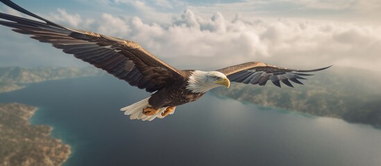 bald eagle flying over clouds thick clouds background