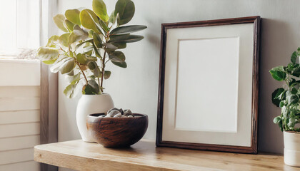 Mockup poster frame close up in minimalist modern interior background, 3d render