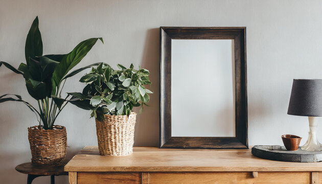 Mockup poster frame close up in minimalist modern interior background, 3d render