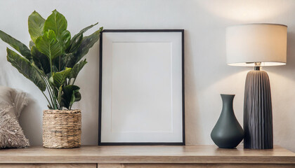 Mockup poster frame close up and accessories decor in cozy white interior background.