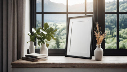 A blank white frame for a mockup It is placed next to a window where sunlight casts shadows. with clipping path.