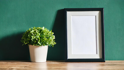 Mockup poster frame close up on wall painted green color, 3d render