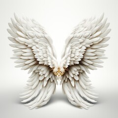 Angel wings, natural white wing feathers on white background - obrazy, fototapety, plakaty