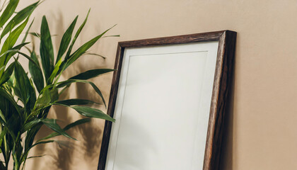 Mockup poster frame close up on wall painted pastel beige color, 3d render