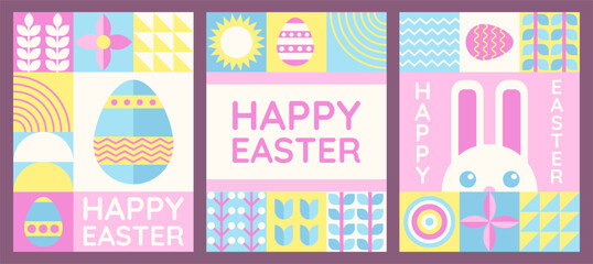 Three Easter holiday posters in flat graphic geometric style with traditional Easter symbols, rabbit, eggs and spring ornaments. Vector illustration.