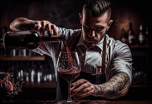 Bartender pouring some red wine. Generative AI