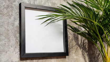 Square frame poster mock up with green plant in vase white stucco wall background.