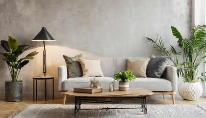 Wall mockup in cozy simple living room interior background, 3d render bright room close