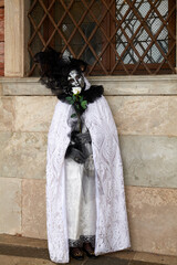 Venice, Italy - February 2024 - carnival masks are photographed with tourists in San Marco square