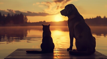 Sunset Companionship on a Pier: Silhouettes of a dog and cat sitting together on a wooden pier at sunset, overlooking a tranquil lake - obrazy, fototapety, plakaty