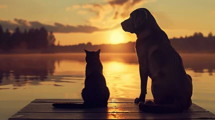 Fotobehang Sunset Companionship on a Pier: Silhouettes of a dog and cat sitting together on a wooden pier at sunset, overlooking a tranquil lake © Mickey