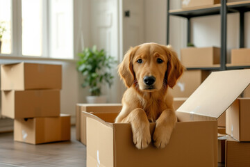 moving, a dog in a cardboard box - obrazy, fototapety, plakaty
