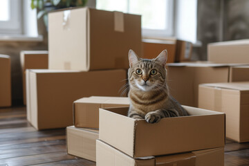 moving, a cat in a cardboard box