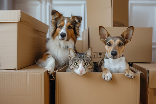moving, dogs and a cat in a cardboard box