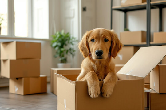 moving, a dog in a cardboard box