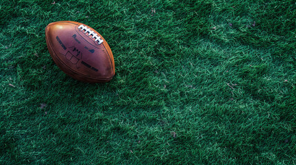 American football ball on green artificial stadium turf background. Top view